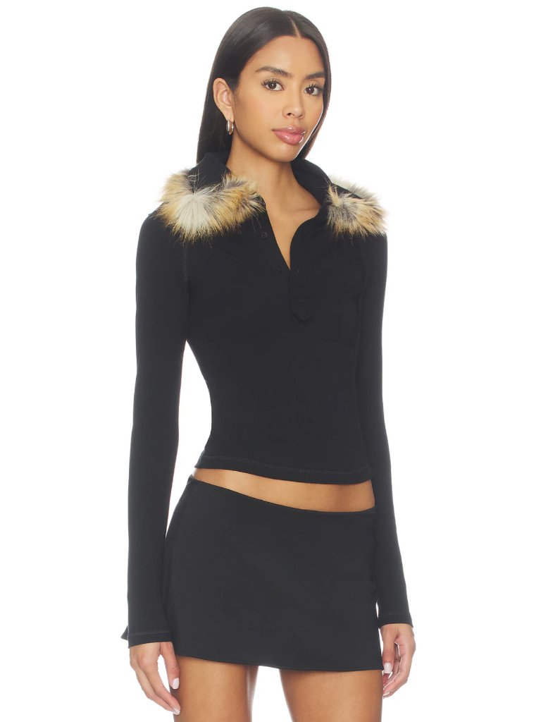 New Ottolinger Furry Fitted Polo Top In Jet Black & Faux Fur Long Sleeve Sweater — image 2 of 8